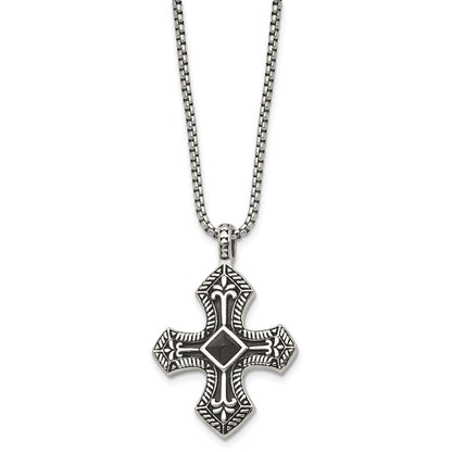 Stainless Steel Antiqued And Brushed W/Black Agate Cross 24In Necklace