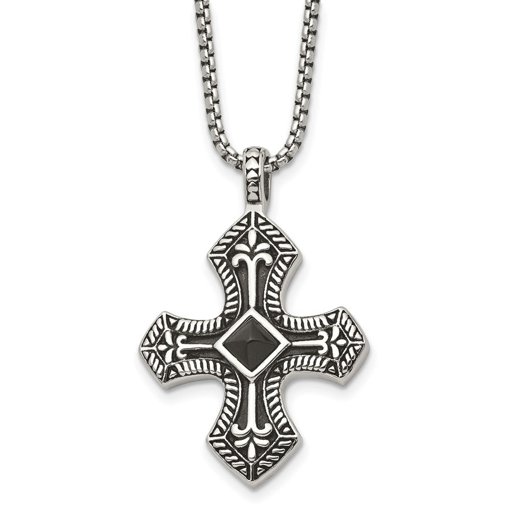 Stainless Steel Antiqued And Brushed W/Black Agate Cross 24In Necklace