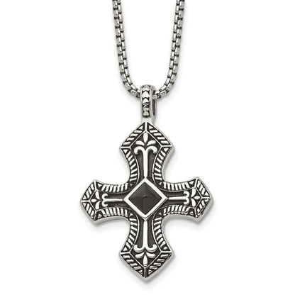 Stainless Steel Antiqued And Brushed W/Black Agate Cross 24In Necklace