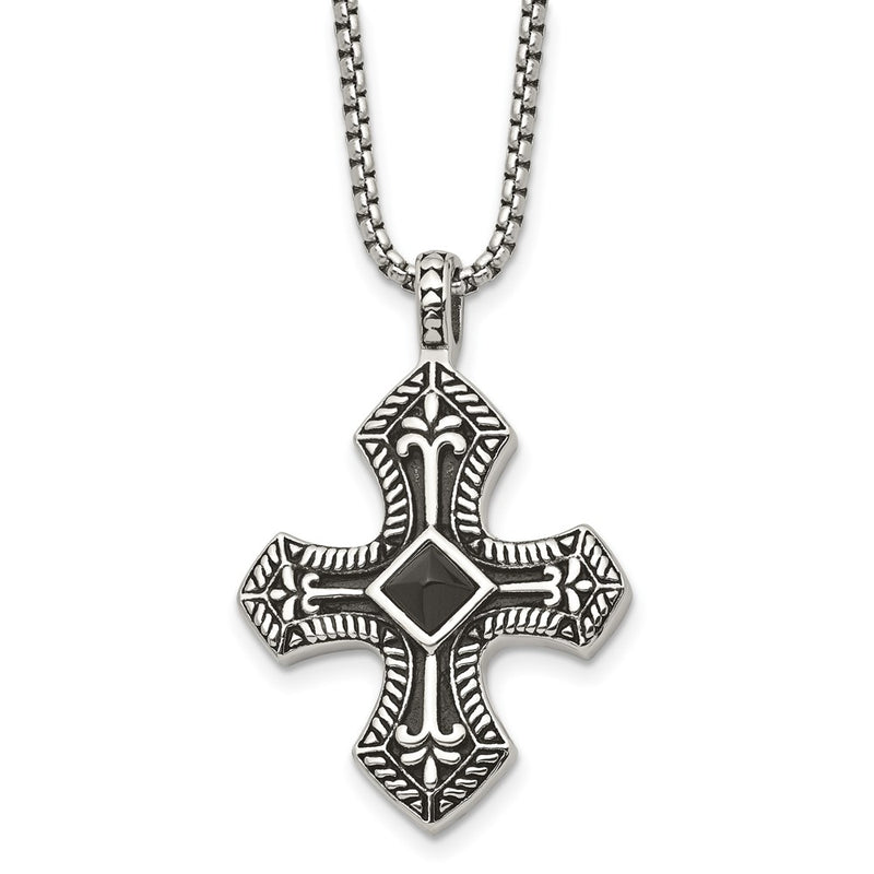 Stainless Steel Antiqued And Brushed W/Black Agate Cross 24In Necklace