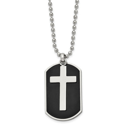 Stainless Steel Chisel Polished Black Ip-Plated 2 Piece Cross Dog Tag On A 24 Inch Ball Chain Necklace