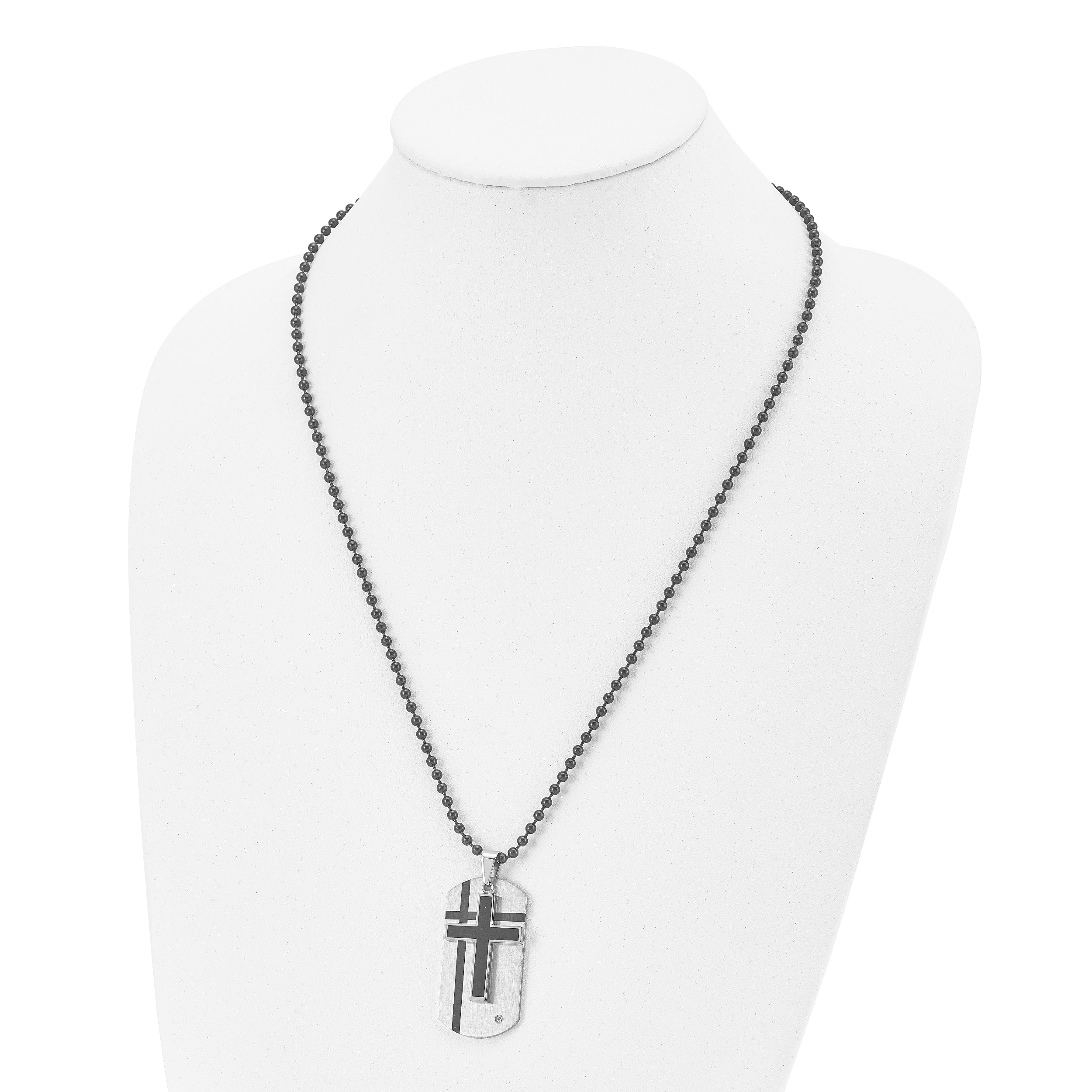 Stainless Steel Chisel Brushed With Enamel And Cz 2 Piece Cross Dog Tag On A 24 Inch Ball Chain Necklace
