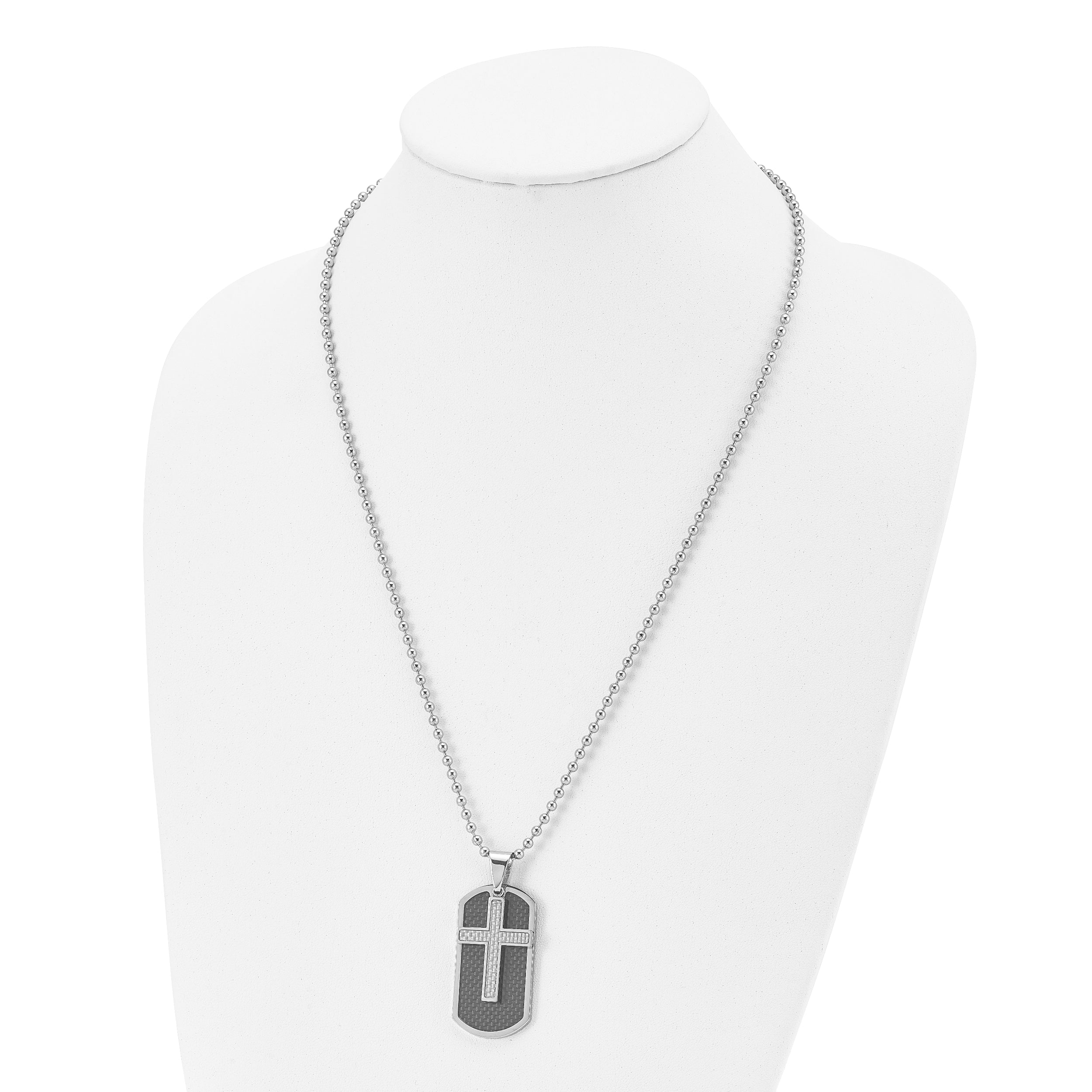 Stainless Steel Chisel Polished Black And Grey Carbon Fiber Inlay 2 Piece Cross Dog Tag On A 24 Inch Ball Chain Necklace