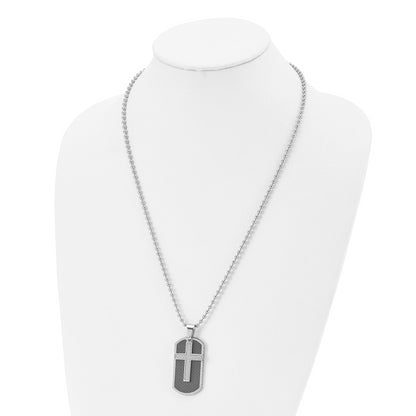Stainless Steel Chisel Polished Black And Grey Carbon Fiber Inlay 2 Piece Cross Dog Tag On A 24 Inch Ball Chain Necklace
