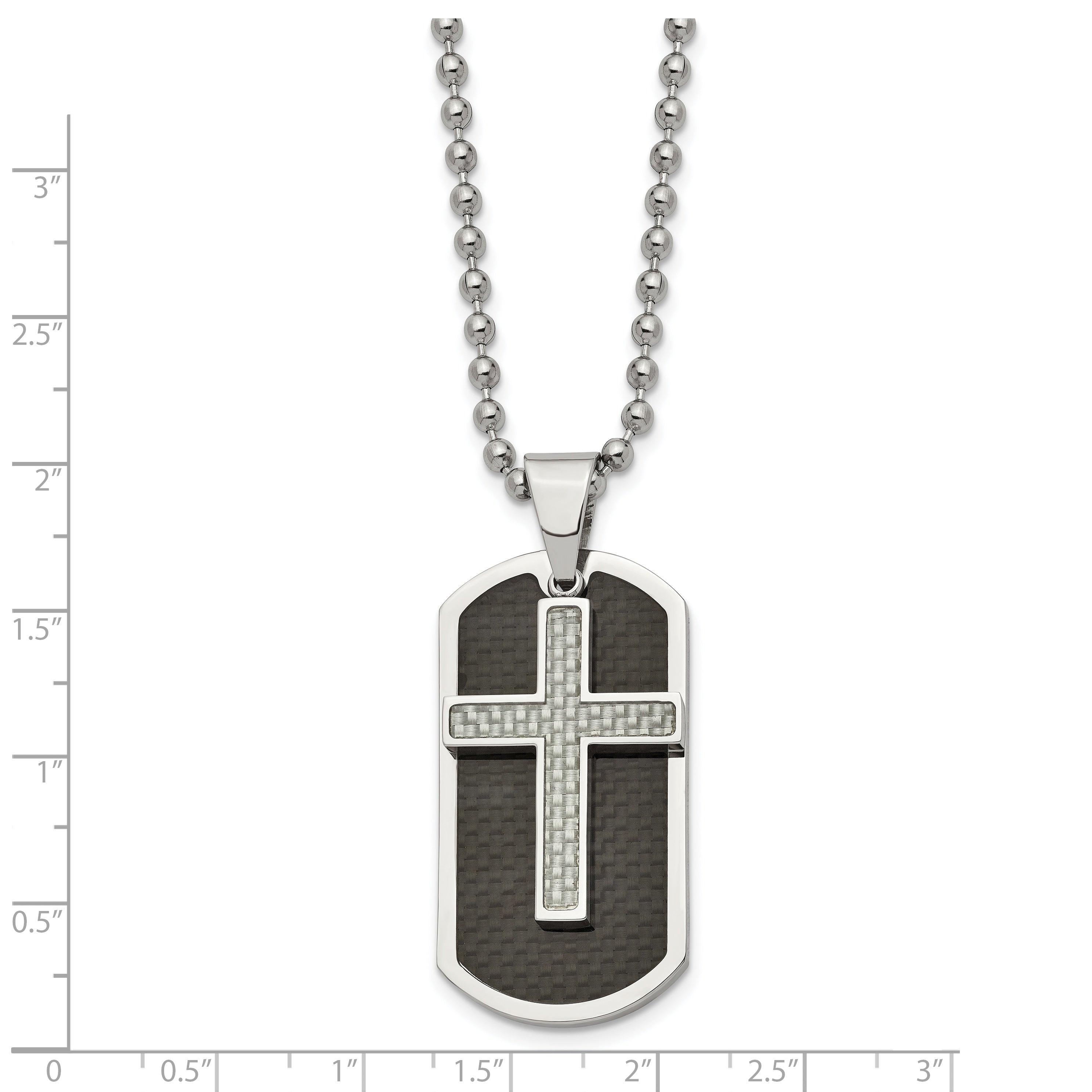 Stainless Steel Chisel Polished Black And Grey Carbon Fiber Inlay 2 Piece Cross Dog Tag On A 24 Inch Ball Chain Necklace