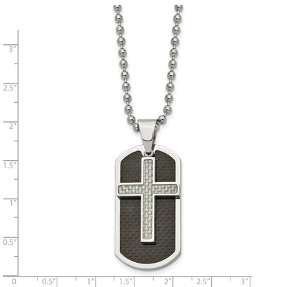 Stainless Steel Chisel Polished Black And Grey Carbon Fiber Inlay 2 Piece Cross Dog Tag On A 24 Inch Ball Chain Necklace