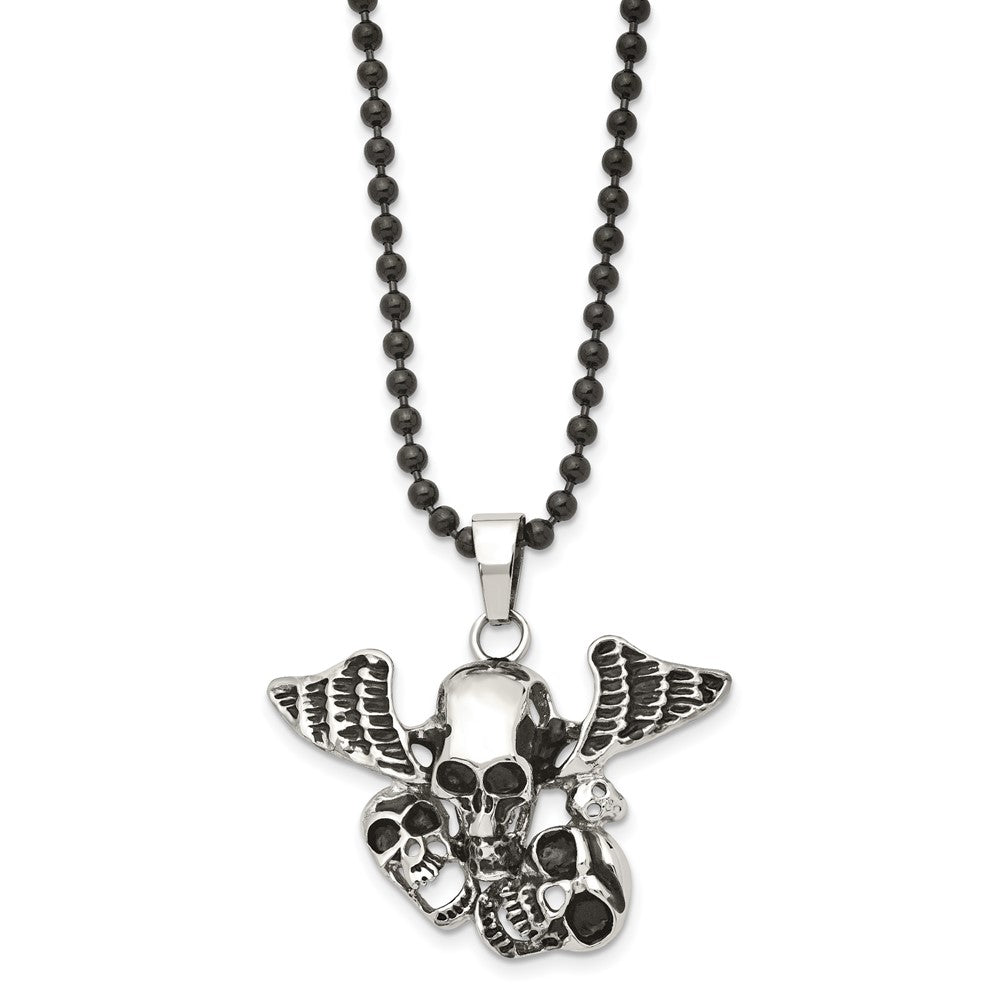 Stainless Steel Antiqued & Polished Black Ip Skulls W/Wings 24In Necklace