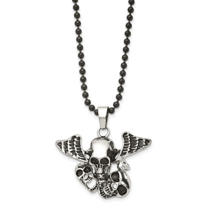 Stainless Steel Antiqued & Polished Black Ip Skulls W/Wings 24In Necklace