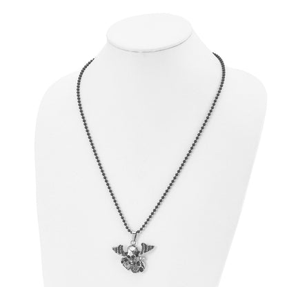 Stainless Steel Antiqued & Polished Black Ip Skulls W/Wings 24In Necklace