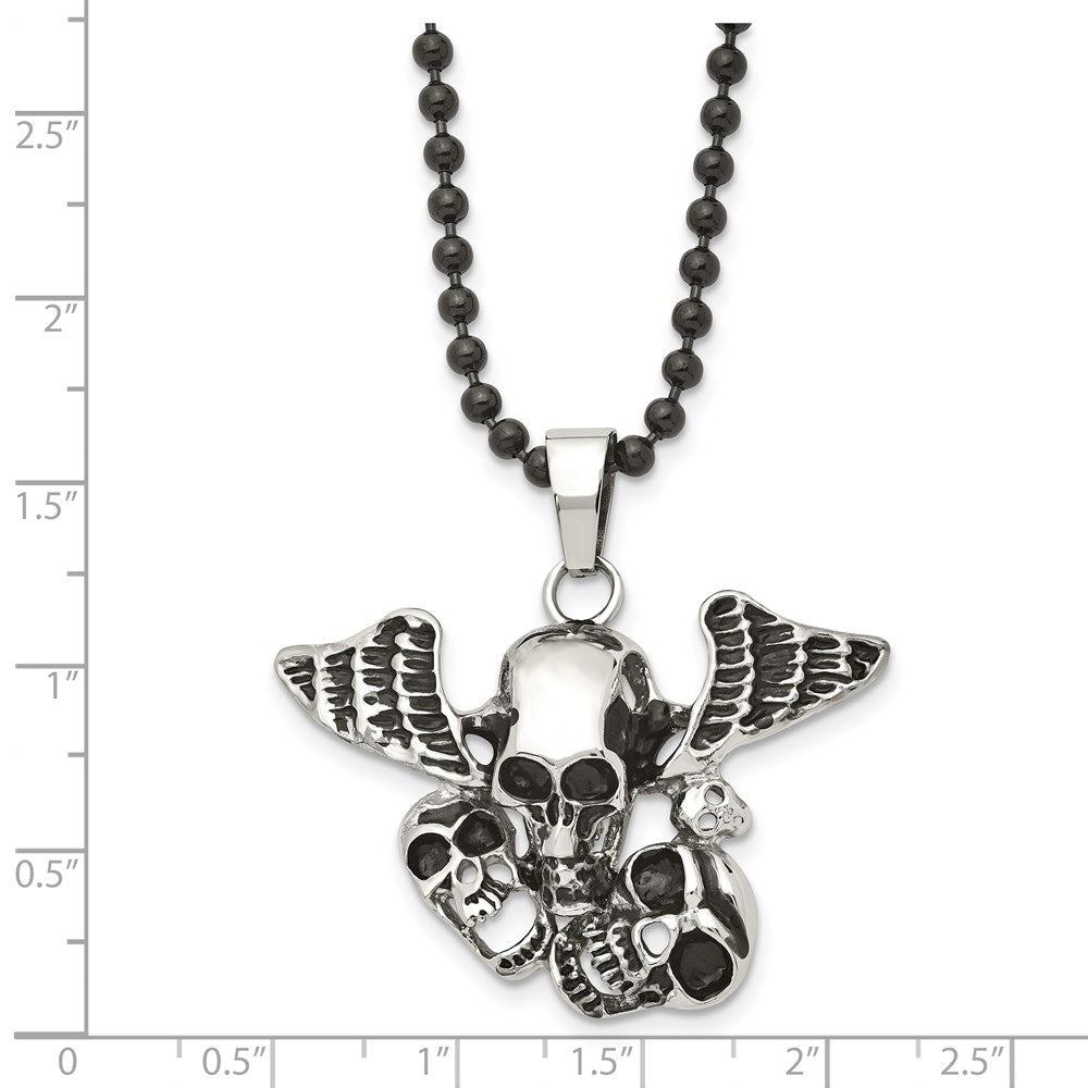 Stainless Steel Antiqued & Polished Black Ip Skulls W/Wings 24In Necklace