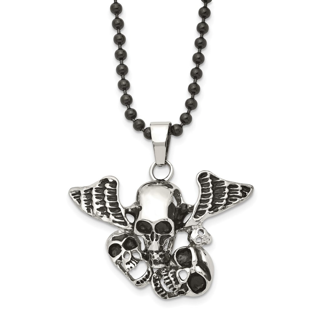 Stainless Steel Antiqued & Polished Black Ip Skulls W/Wings 24In Necklace