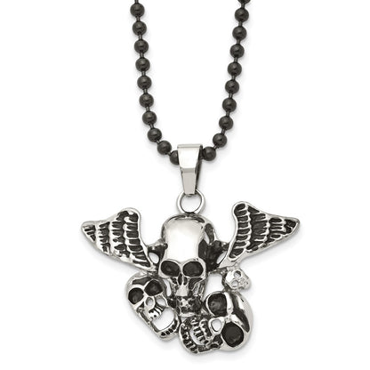 Stainless Steel Antiqued & Polished Black Ip Skulls W/Wings 24In Necklace