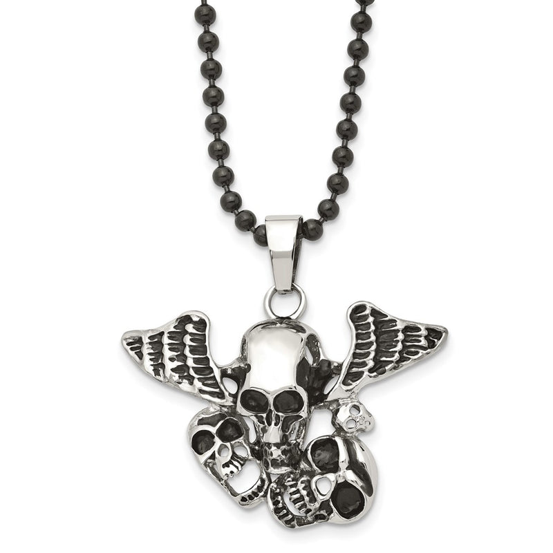 Stainless Steel Antiqued & Polished Black Ip Skulls W/Wings 24In Necklace