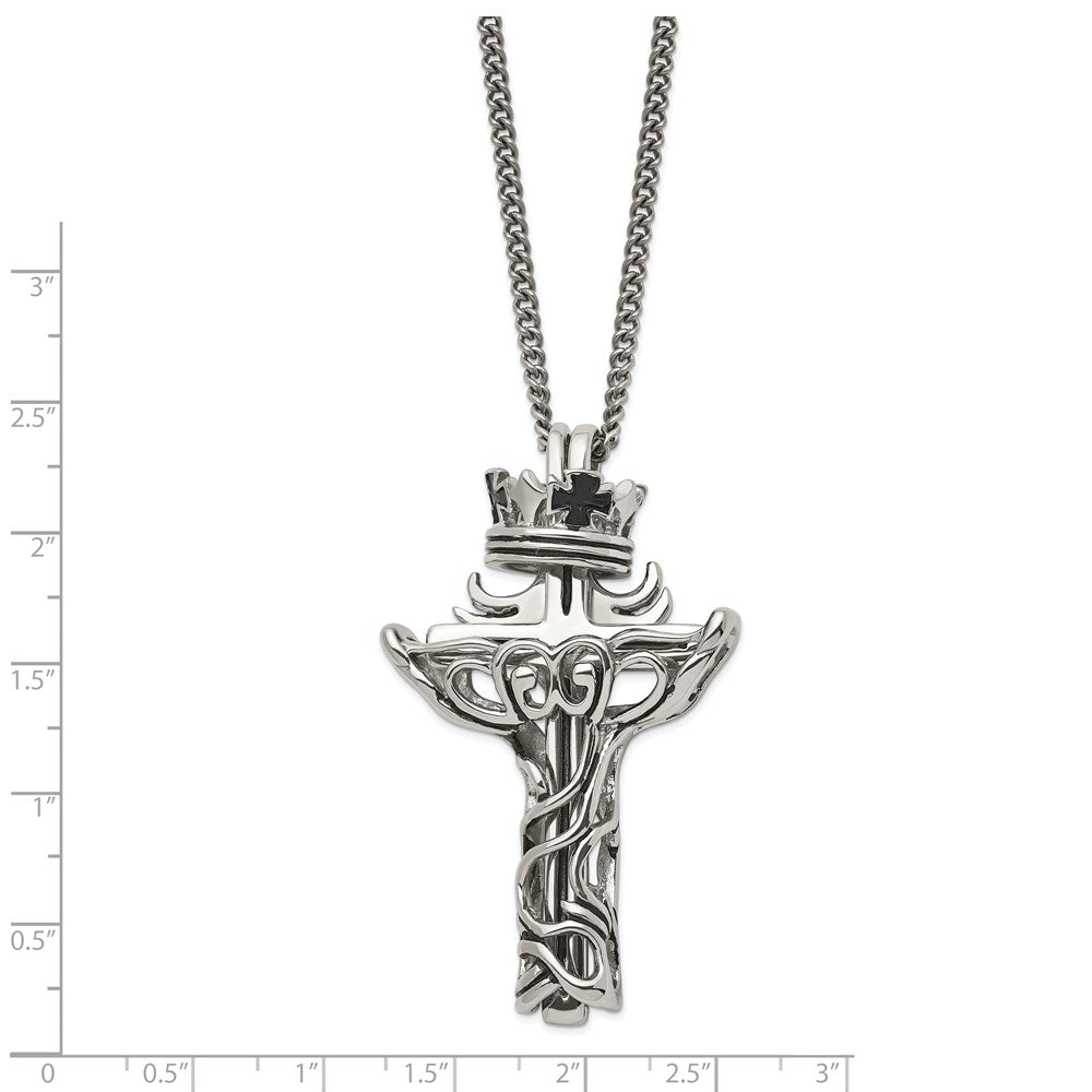 Stainless Steel Chisel Polished And Enameled 2 Piece Cross With Crown Pendant On A 22 Inch Curb Chain Necklace