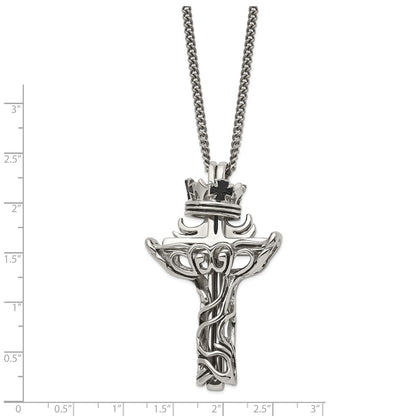 Stainless Steel Chisel Polished And Enameled 2 Piece Cross With Crown Pendant On A 22 Inch Curb Chain Necklace