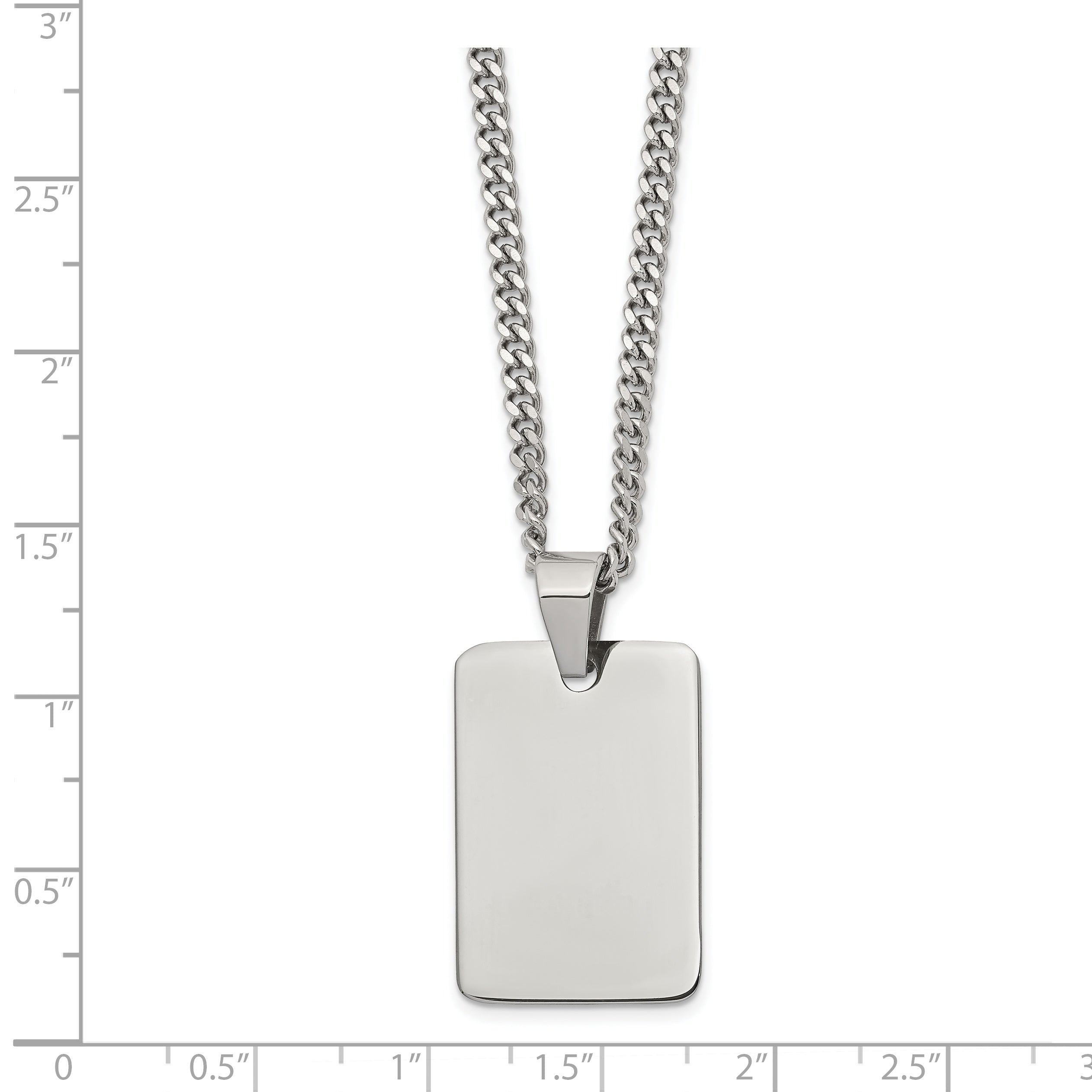 Stainless Steel Chisel Polished Rectangle Dog Tag On A 24 Inch Curb Chain Necklace
