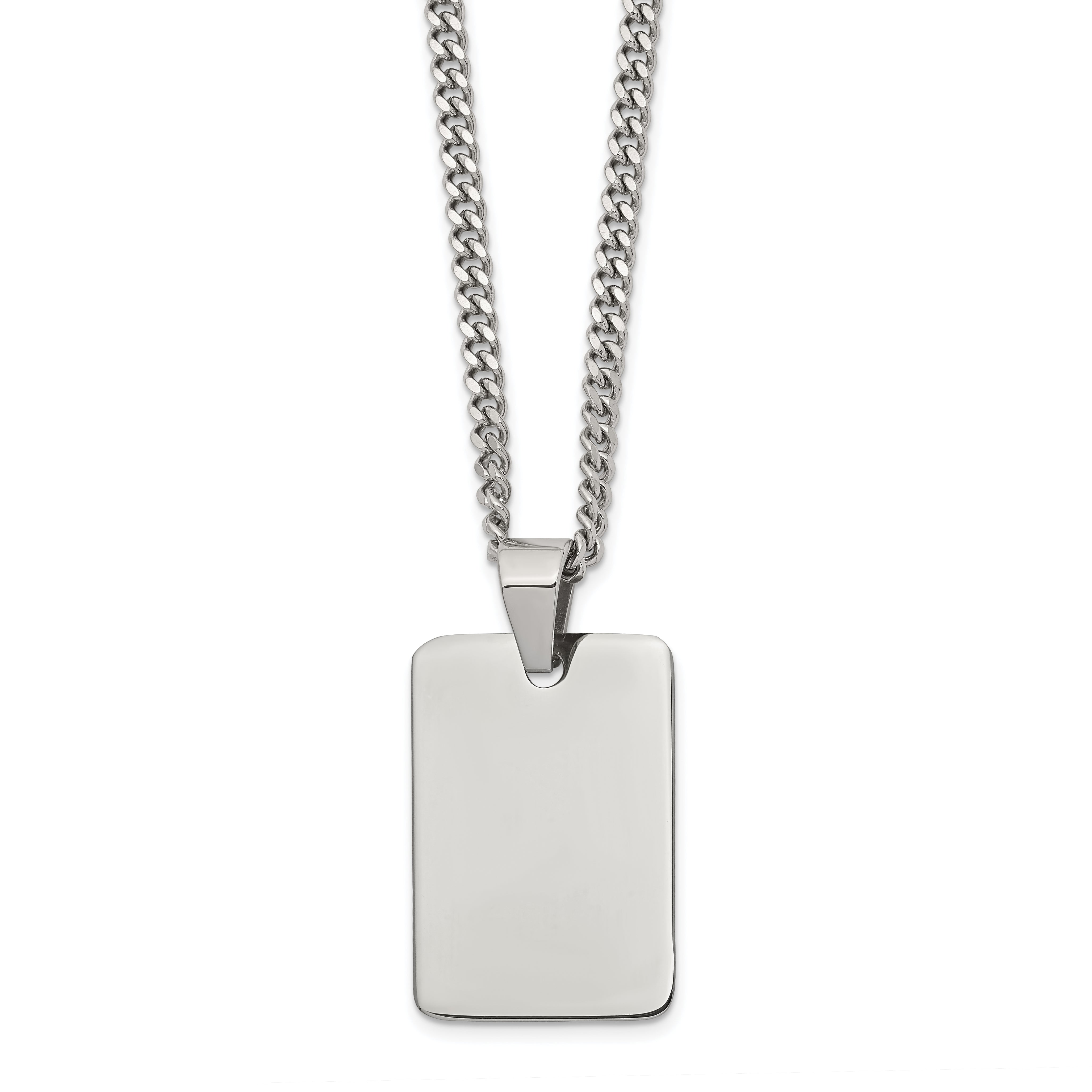 Stainless Steel Chisel Polished Rectangle Dog Tag On A 24 Inch Curb Chain Necklace
