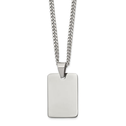 Stainless Steel Chisel Polished Rectangle Dog Tag On A 24 Inch Curb Chain Necklace