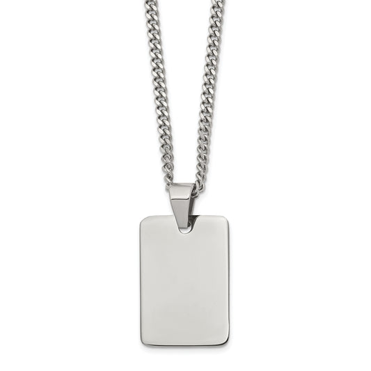 Stainless Steel Chisel Polished Rectangle Dog Tag On A 24 Inch Curb Chain Necklace