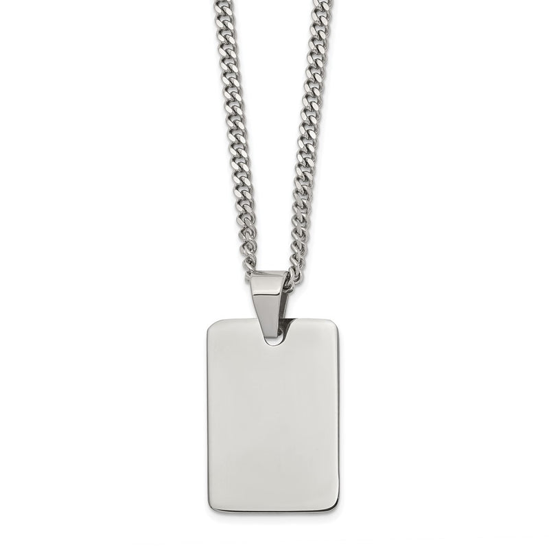 Stainless Steel Chisel Polished Rectangle Dog Tag On A 24 Inch Curb Chain Necklace