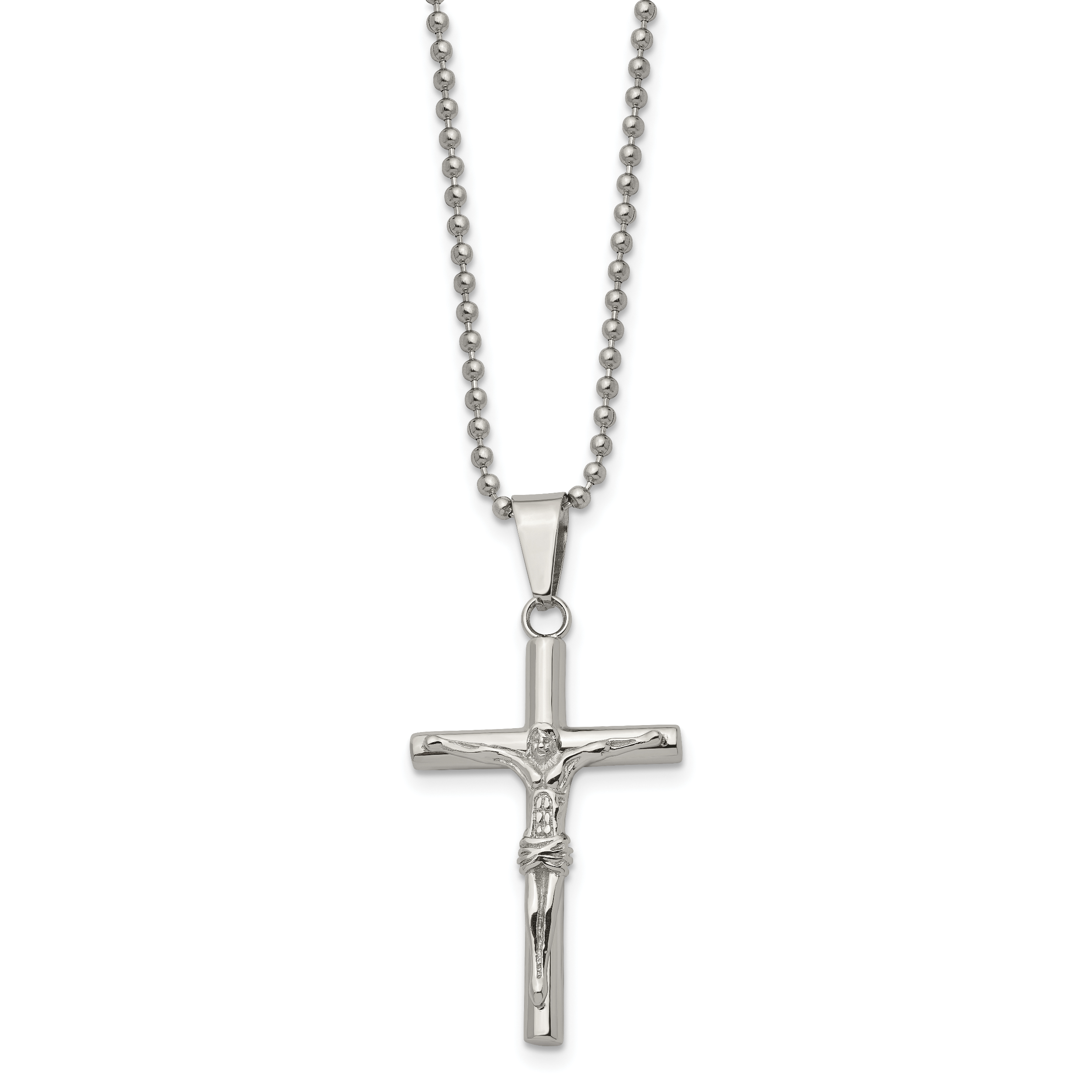 Stainless Steel Chisel Polished Crucifix Pendant On A 22 Inch Ball Chain Necklace