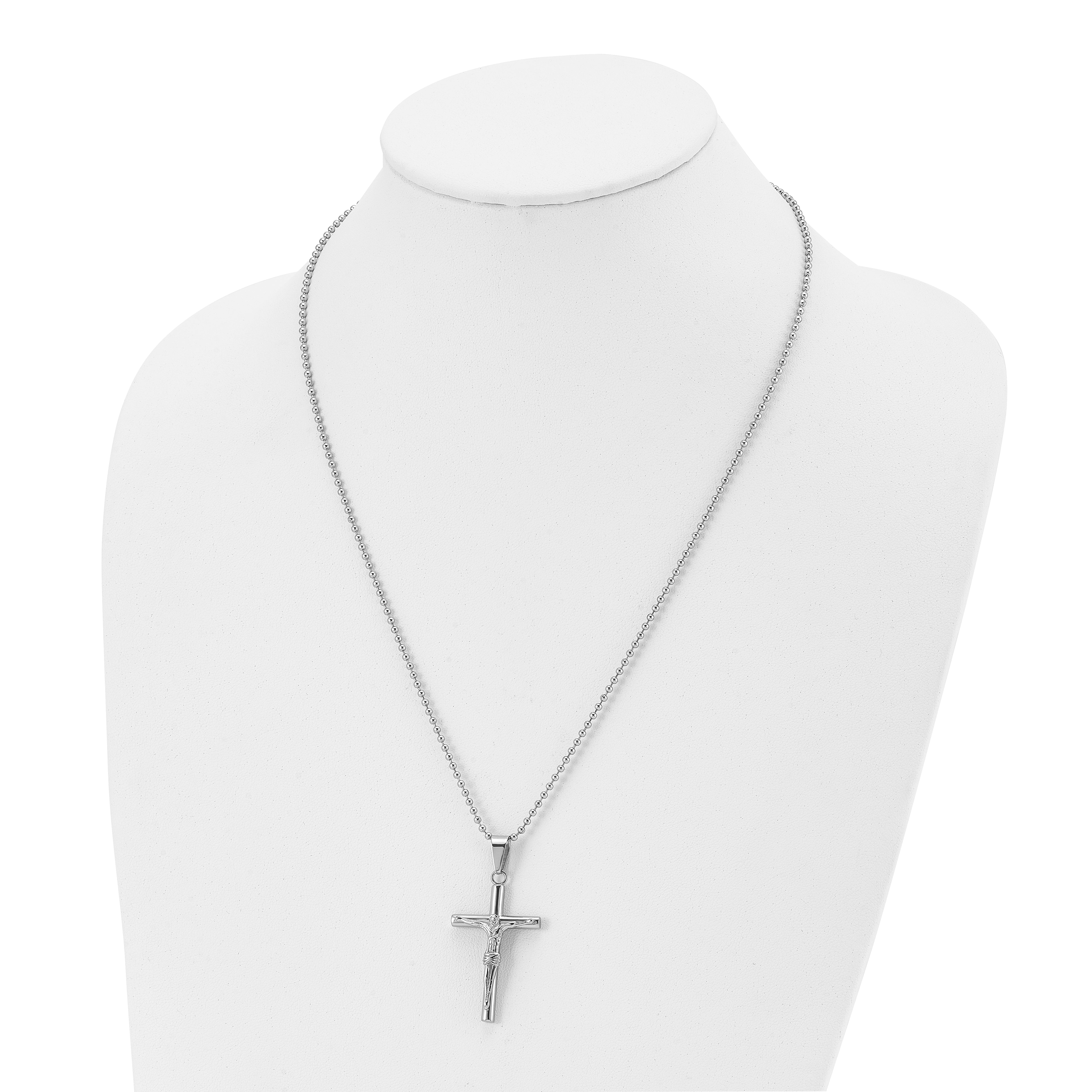 Stainless Steel Chisel Polished Crucifix Pendant On A 22 Inch Ball Chain Necklace
