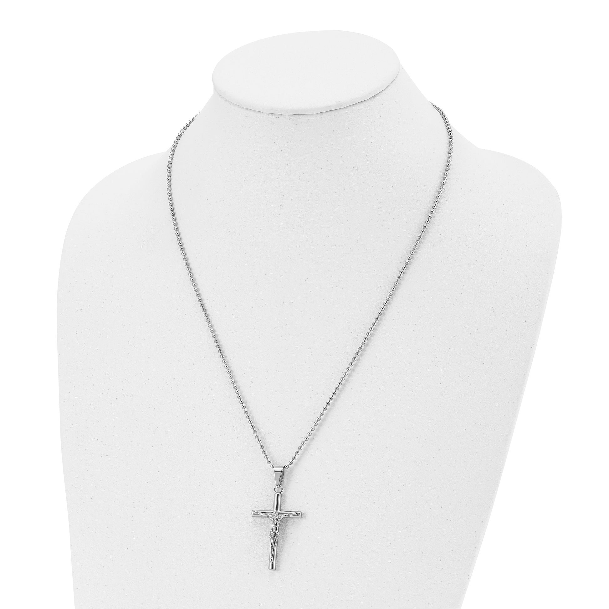Stainless Steel Chisel Polished Crucifix Pendant On A 22 Inch Ball Chain Necklace