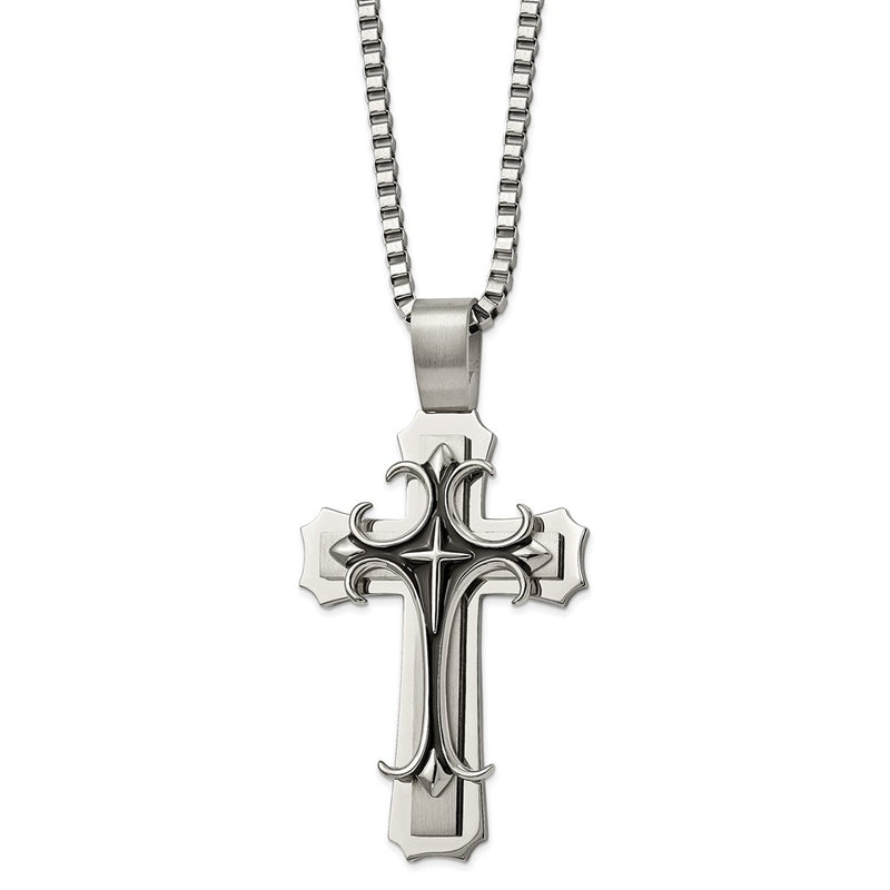 Stainless Steel Chisel Brushed And Polished With Black Enamel Large Cross Pendant On A 24 Inch Box Chain Necklace