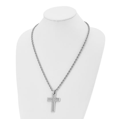 Stainless Steel Chisel Polished With Cz Cross Pendant On A 24 Inch Rope Chain Necklace