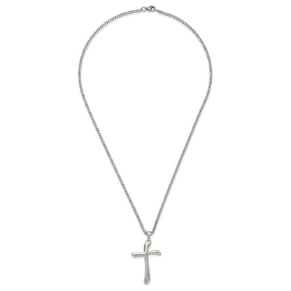 Stainless Steel Chisel Polished Wavy Cross Pendant On A 22 Inch Curb Chain Necklace
