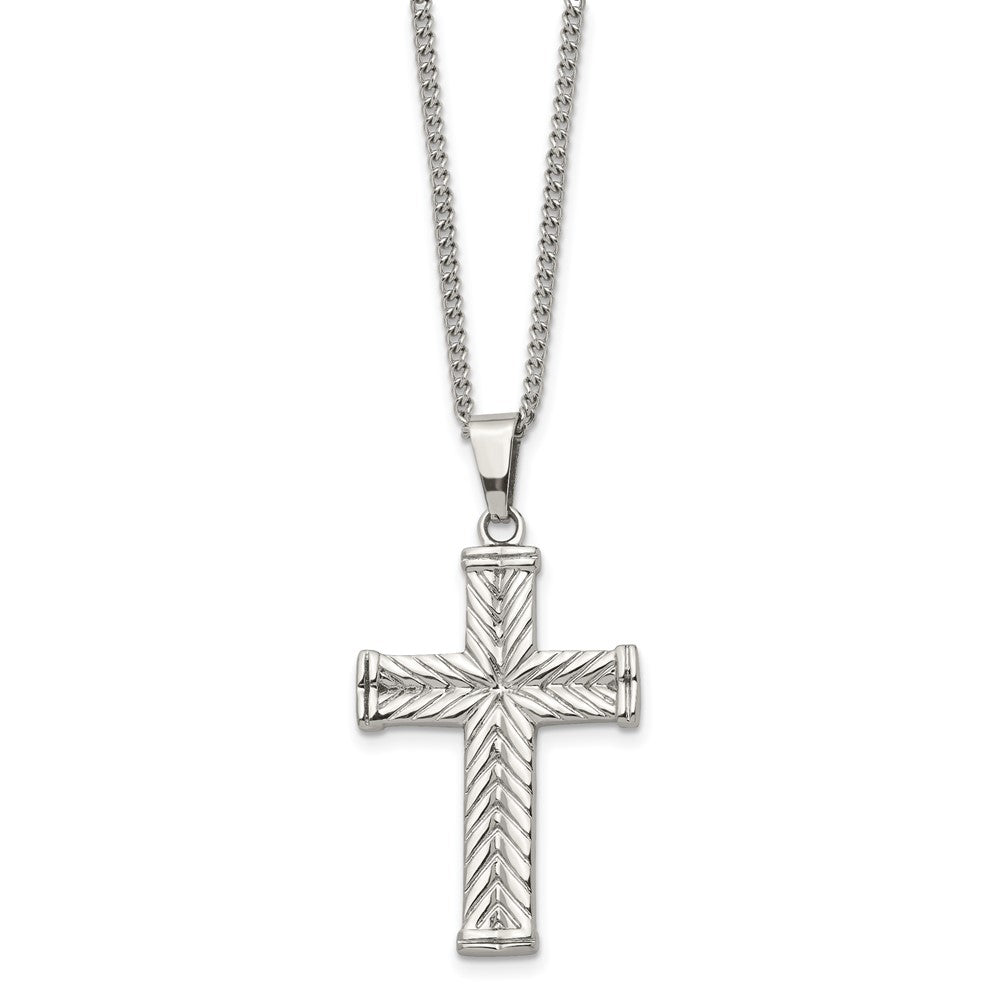 Stainless Steel Chisel Polished And Textured Cross Pendant On A 22 Inch Curb Chain Necklace