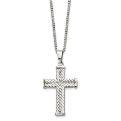 Stainless Steel Chisel Polished And Textured Cross Pendant On A 22 Inch Curb Chain Necklace