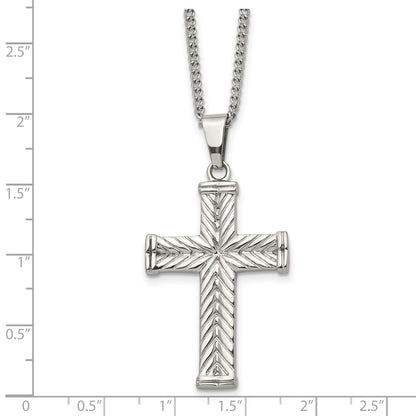 Stainless Steel Chisel Polished And Textured Cross Pendant On A 22 Inch Curb Chain Necklace