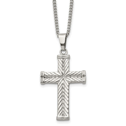 Stainless Steel Chisel Polished And Textured Cross Pendant On A 22 Inch Curb Chain Necklace