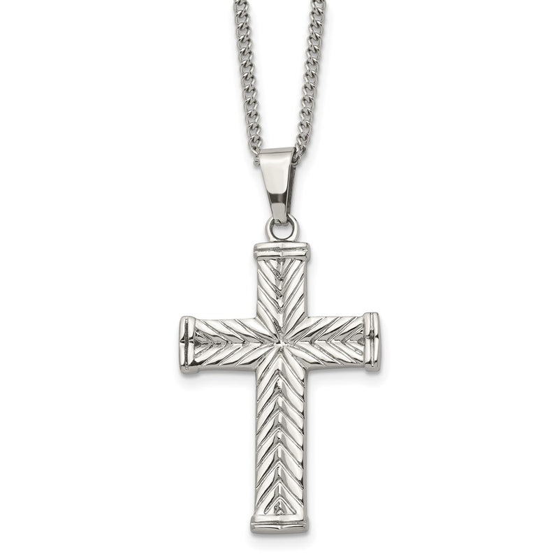 Stainless Steel Chisel Polished And Textured Cross Pendant On A 22 Inch Curb Chain Necklace