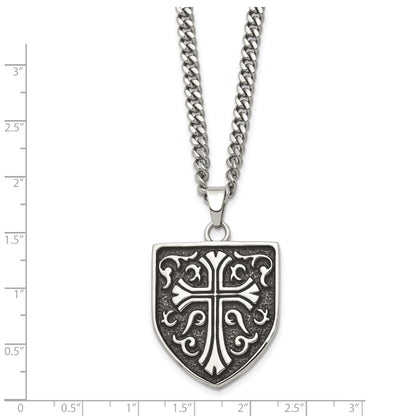Stainless Steel Chisel Antiqued Polished And Textured Cross Shield Pendant On A 24 Inch Curb Chain Necklace