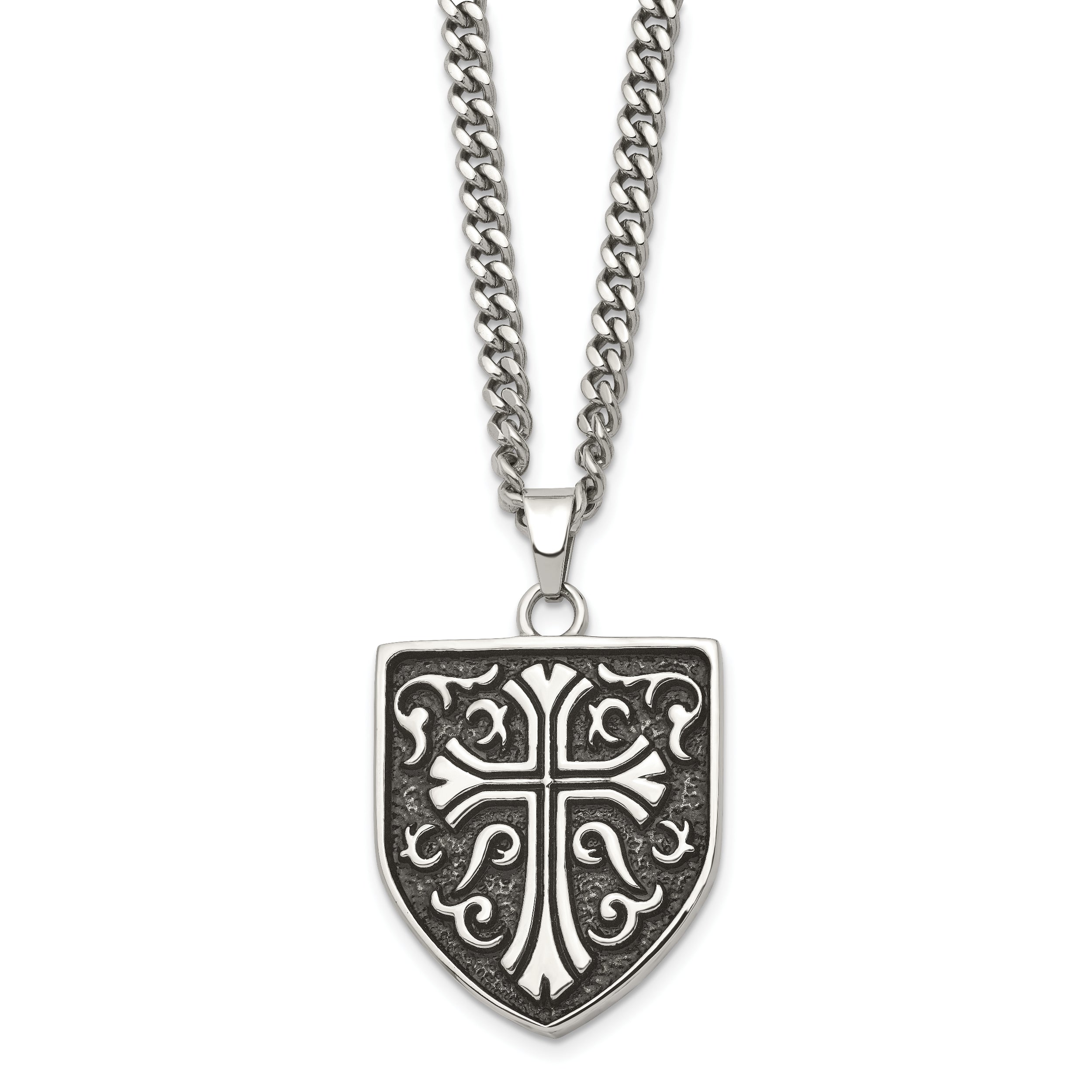 Stainless Steel Chisel Antiqued Polished And Textured Cross Shield Pendant On A 24 Inch Curb Chain Necklace