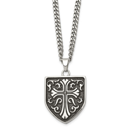 Stainless Steel Chisel Antiqued Polished And Textured Cross Shield Pendant On A 24 Inch Curb Chain Necklace