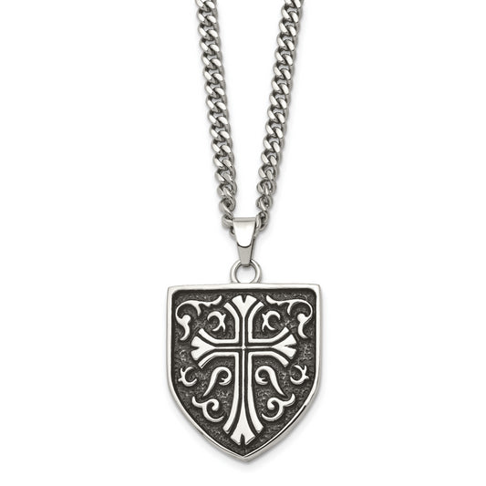 Stainless Steel Chisel Antiqued Polished And Textured Cross Shield Pendant On A 24 Inch Curb Chain Necklace