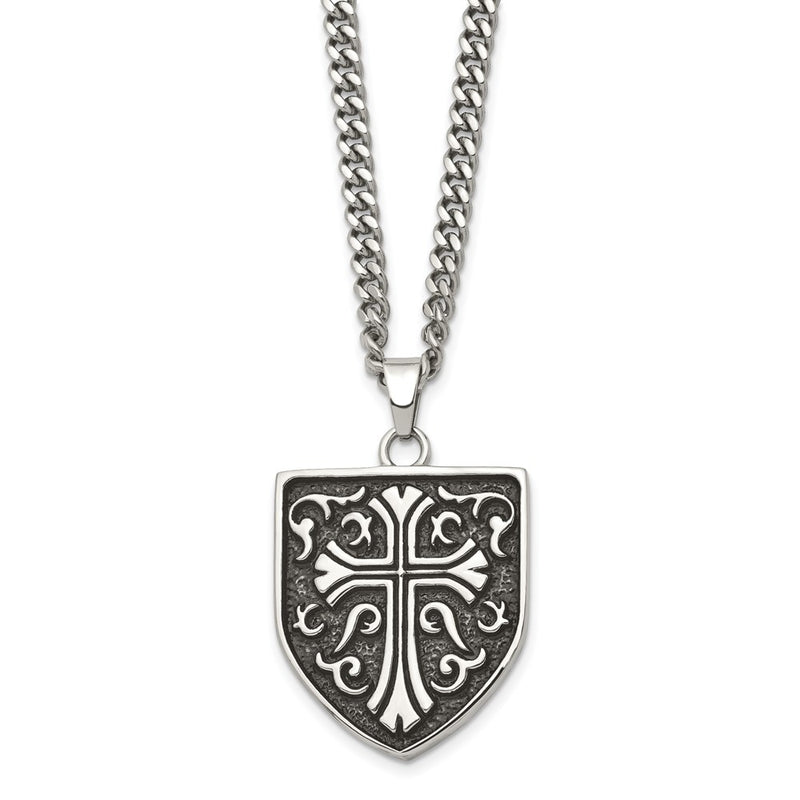 Stainless Steel Chisel Antiqued Polished And Textured Cross Shield Pendant On A 24 Inch Curb Chain Necklace