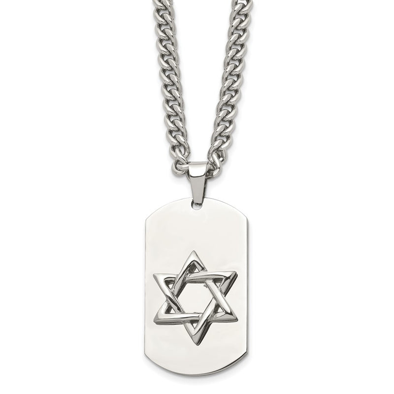 Stainless Steel Chisel Polished Star Of David Dog Tag On A 24 Inch Curb Chain Necklace