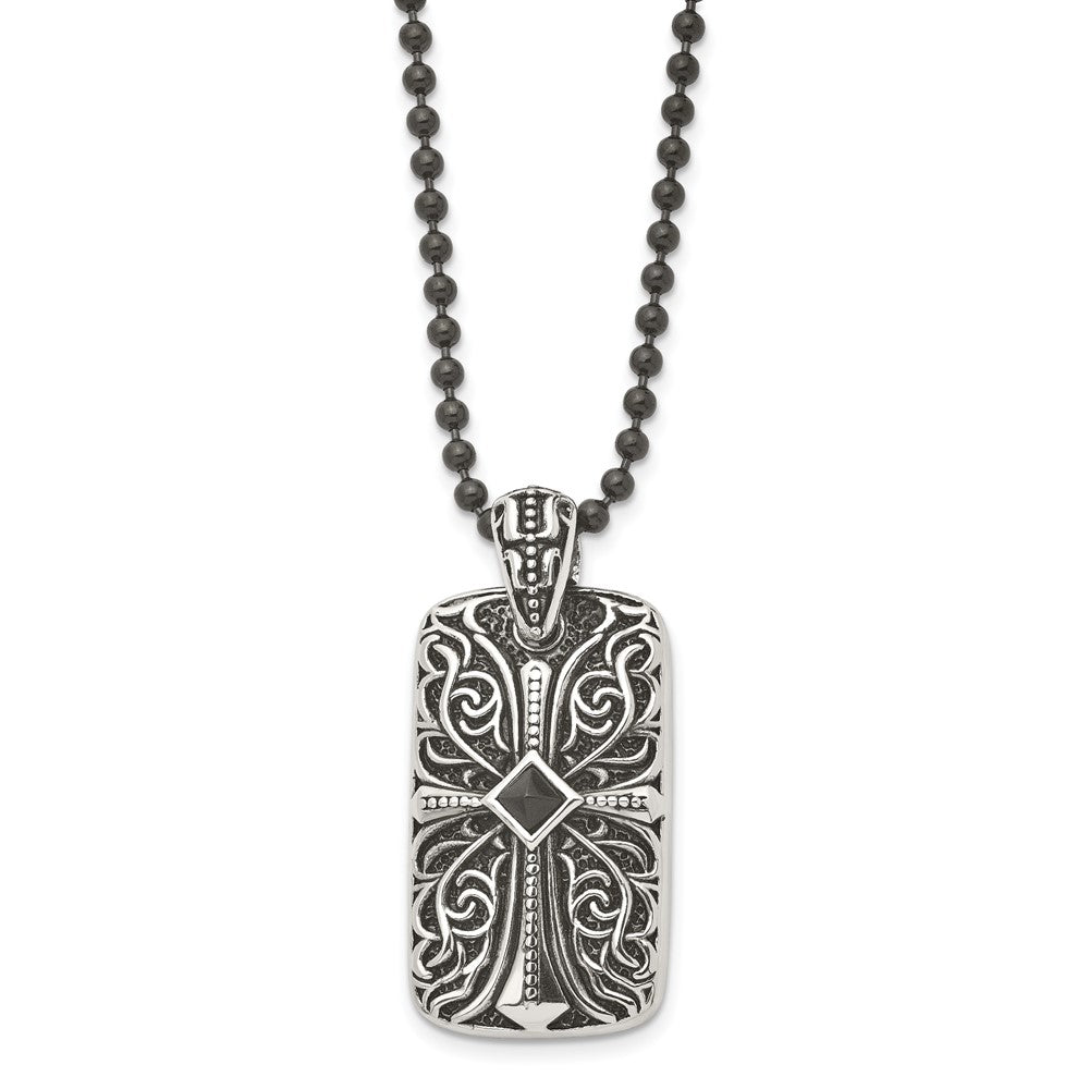 Stainless Steel Antiqued And Polished W/Black Agate Cross Dogtag 30In Neckl