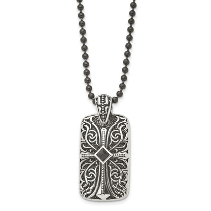 Stainless Steel Antiqued And Polished W/Black Agate Cross Dogtag 30In Neckl