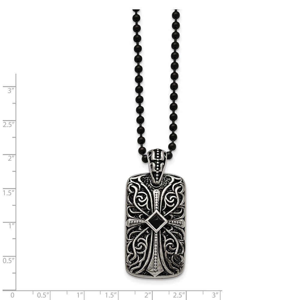 Stainless Steel Antiqued And Polished W/Black Agate Cross Dogtag 30In Neckl