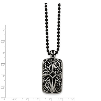 Stainless Steel Antiqued And Polished W/Black Agate Cross Dogtag 30In Neckl
