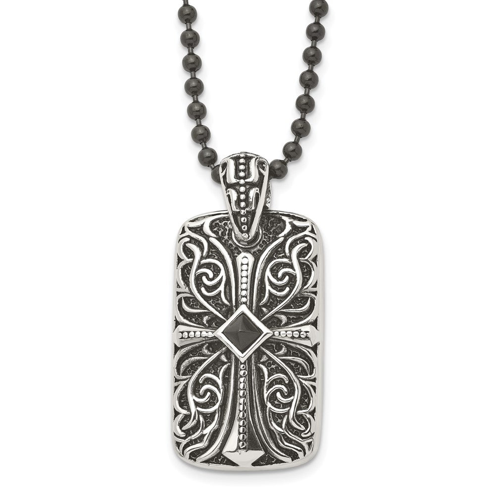 Stainless Steel Antiqued And Polished W/Black Agate Cross Dogtag 30In Neckl