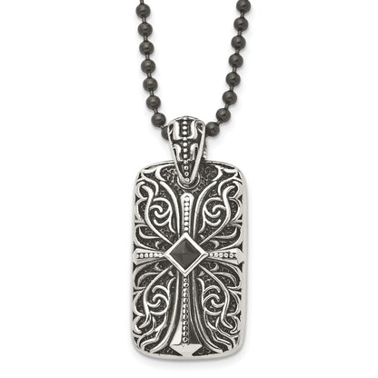Stainless Steel Antiqued And Polished W/Black Agate Cross Dogtag 30In Neckl