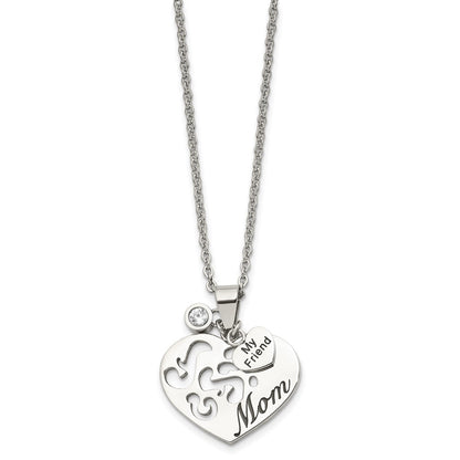 Stainless Steel Chsiel Antiqued Polished And Enameled Mom My Friend With Cz Heart Pendant On A 24 Inch Cable Chain Necklace