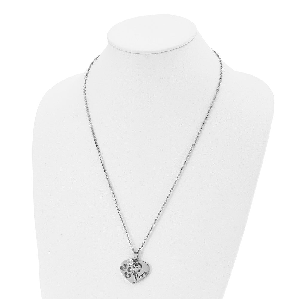 Stainless Steel Chsiel Antiqued Polished And Enameled Mom My Friend With Cz Heart Pendant On A 24 Inch Cable Chain Necklace