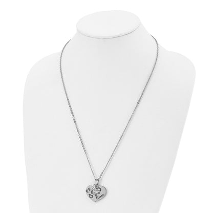 Stainless Steel Chsiel Antiqued Polished And Enameled Mom My Friend With Cz Heart Pendant On A 24 Inch Cable Chain Necklace